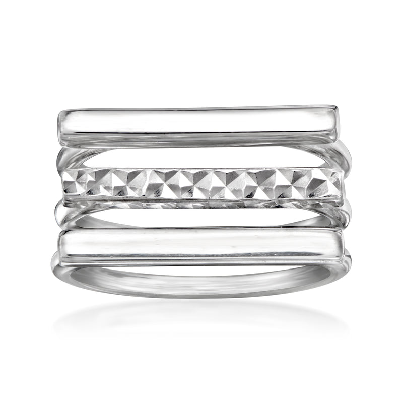 Sterling silver ring set of three bar-top rings with polished edges and textured facets