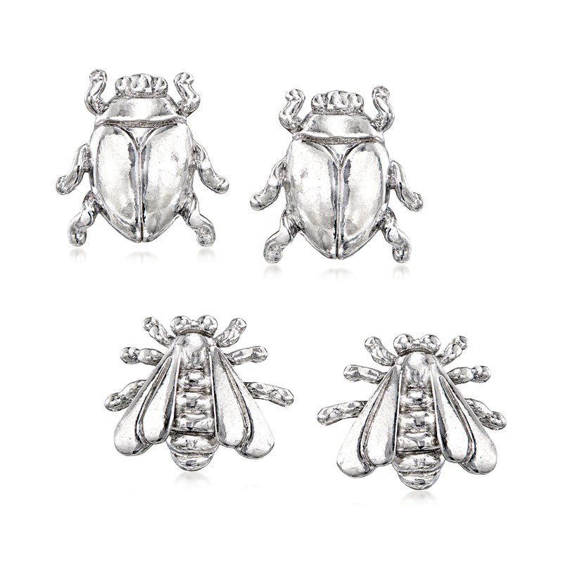 Sterling silver beetle bug stud earrings, two pairs with raised wings and post backs