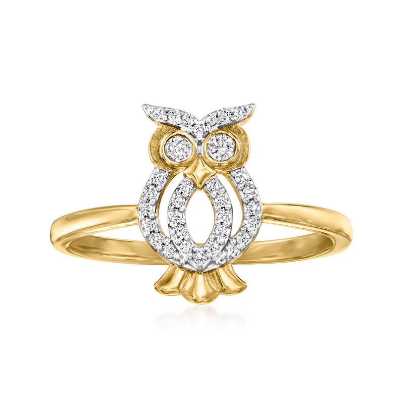 18kt gold over sterling owl ring with diamond-look stones and round eye settings