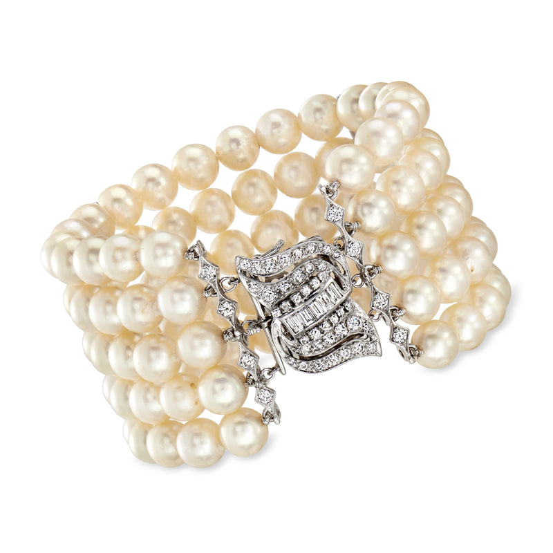 Five-row cultured pearl bracelet with diamond-like clasp in white gold-toned metal