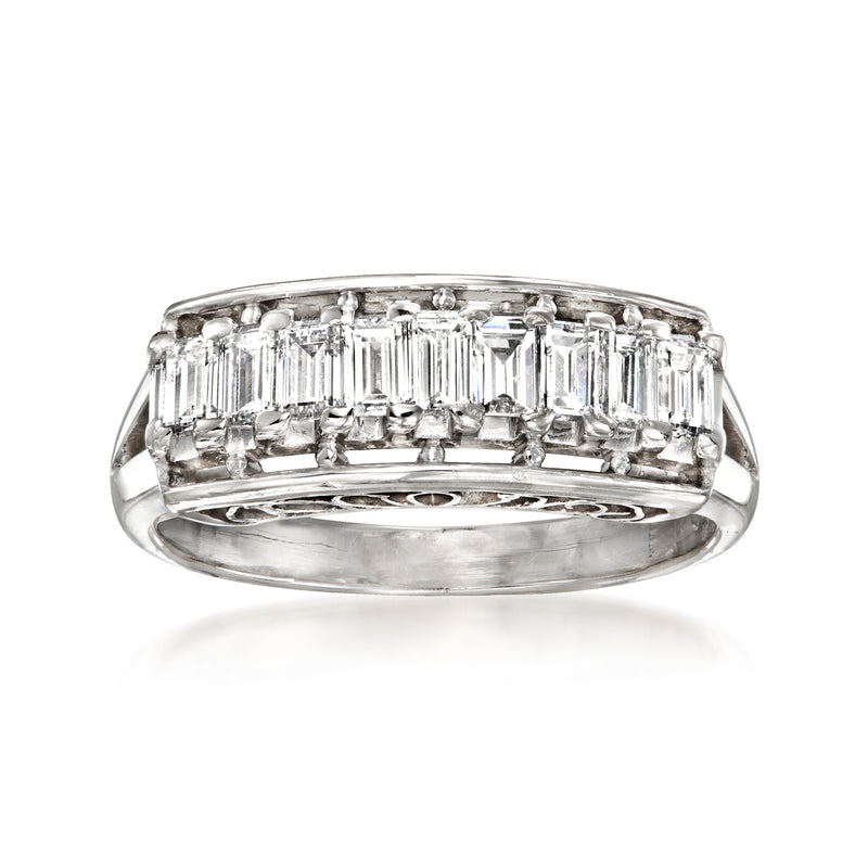 Platinum baguette diamond ring with rectangular stone row across band