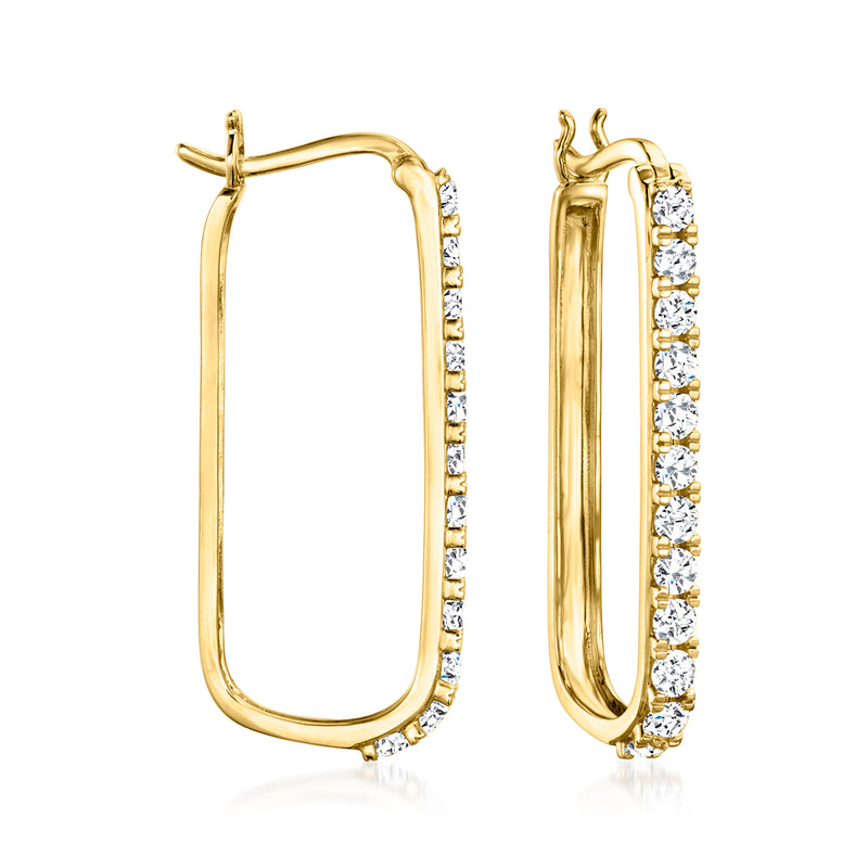 Gold paper clip hoop earrings with diamond pavé line
