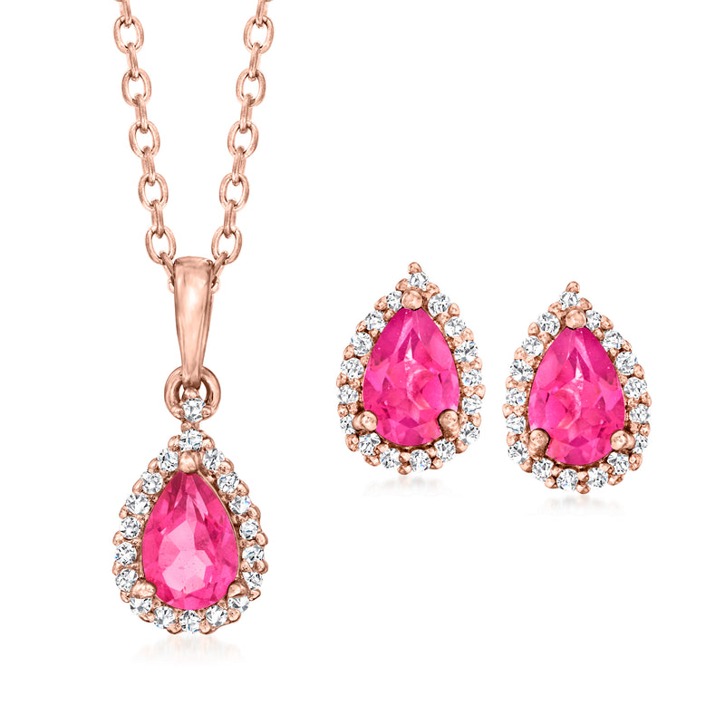 Rose gold over sterling set with pink teardrop gem pendant and stud earrings
