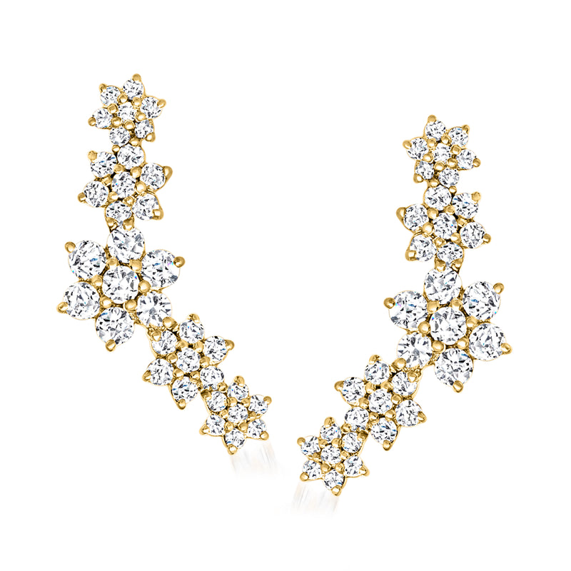 Diamond star cluster ear climber earrings in 14kt yellow gold with round stones
