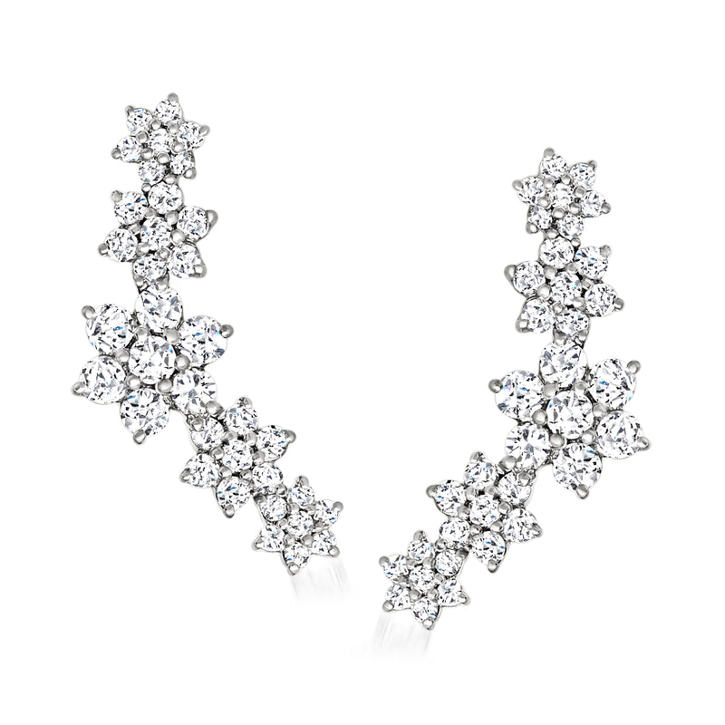 14kt white gold diamond ear climber post earrings, clustered round stones