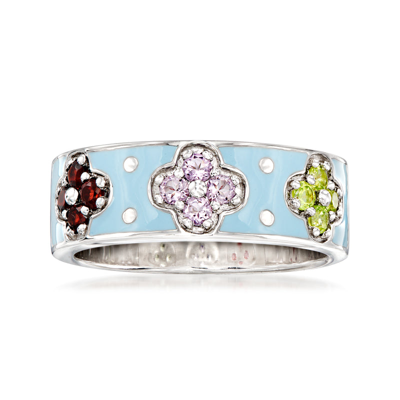 Sterling silver ring with blue enamel, floral center cluster of pink stones