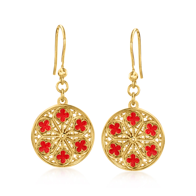 Gold over sterling drop earrings with red enamel floral round medallions