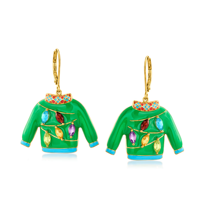 Green enamel sweater drop earrings with multicolored gemstone details and gold hooks