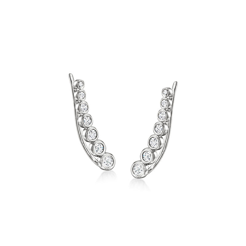 Sterling silver curved ear climber earrings with round bezel-set diamond stones
