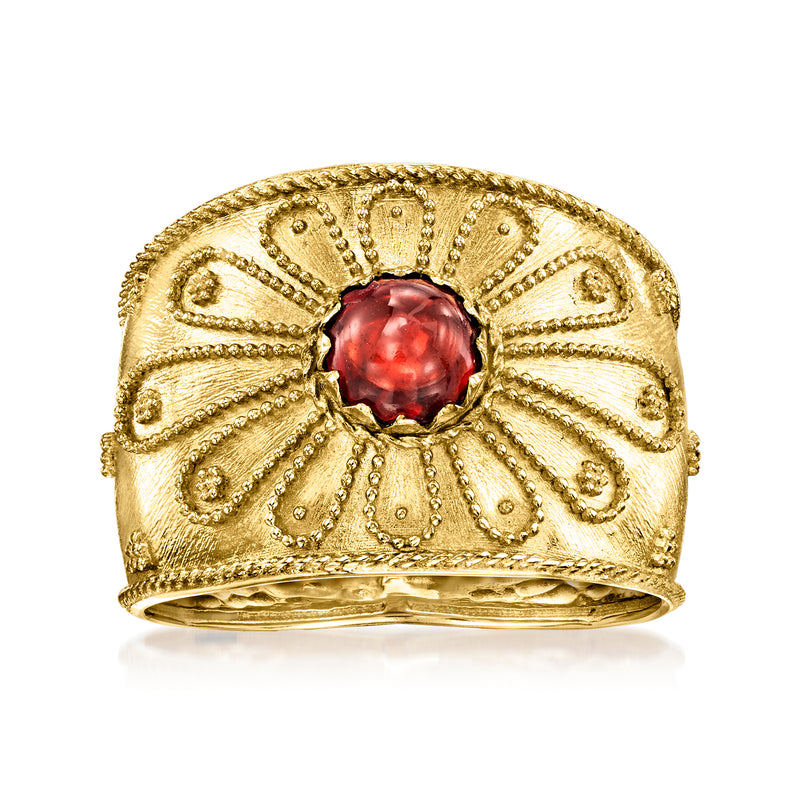 14kt yellow gold garnet ring with ornate Etruscan-style dome and round red gemstone