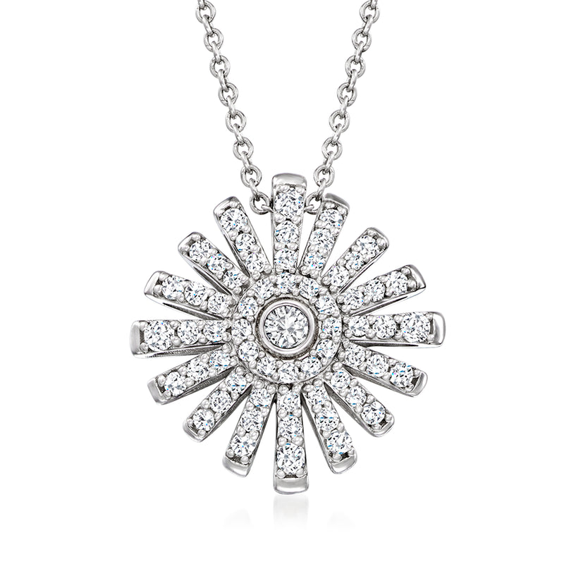 Sterling silver sunburst diamond pendant necklace with round center stone