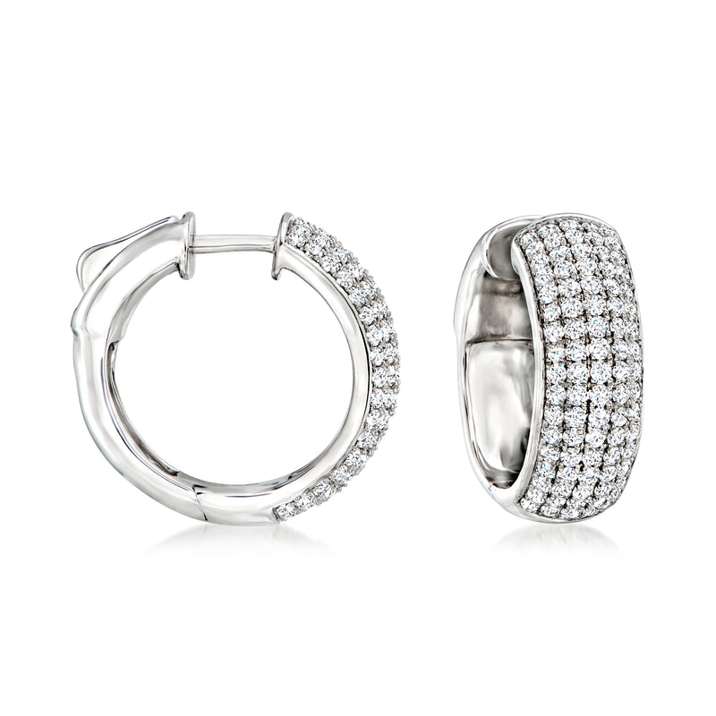 Sterling silver pave diamond hoop earrings, side and front views