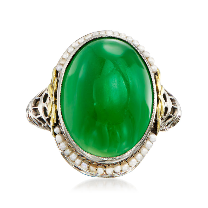 Oval green chalcedony ring with seed-pearl bezel, two-tone gold, ornate openwork shoulders