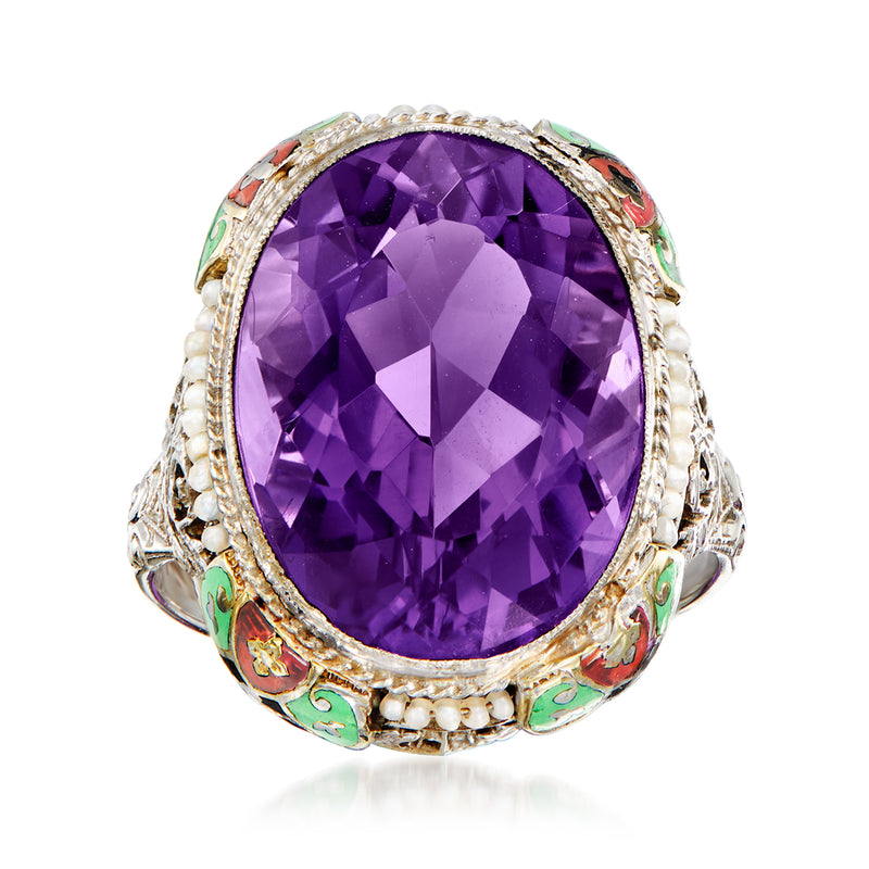 Vintage oval amethyst gemstone ring with multicolor enamel and seed pearls in white gold