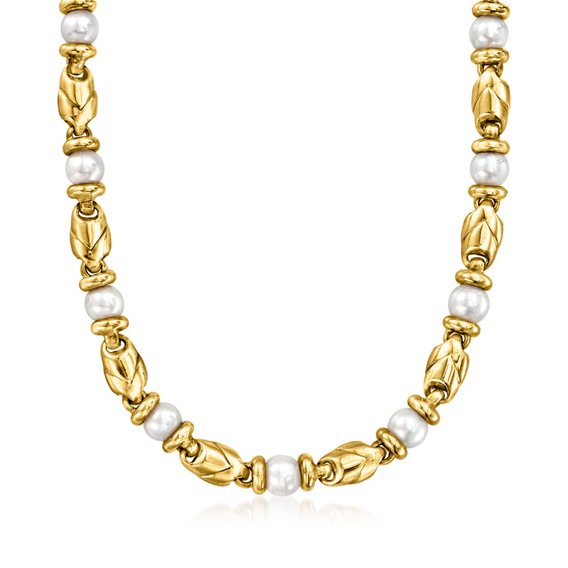 18kt yellow gold cultured pearl station necklace with textured link chain and white pearls