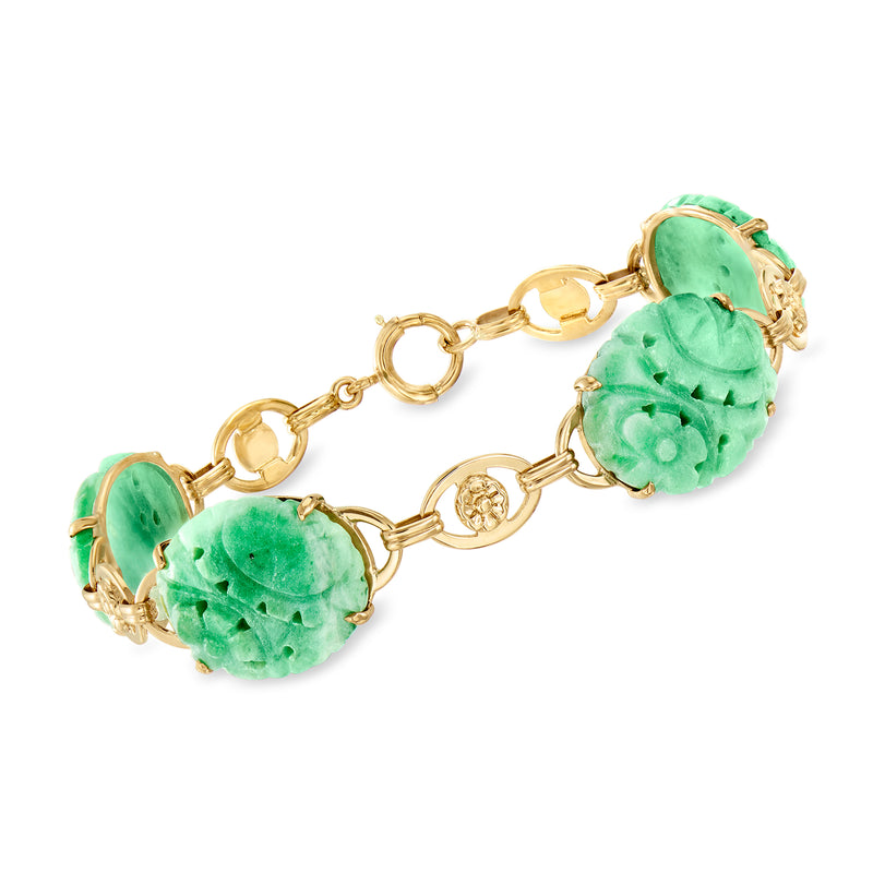 14kt yellow gold link bracelet with carved green jade floral oval links