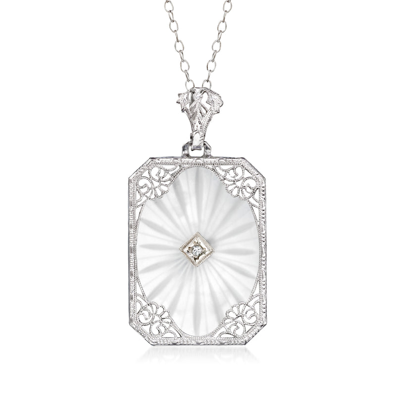 Vintage octagonal rock crystal filigree pendant necklace, 14kt white gold, diamond center.