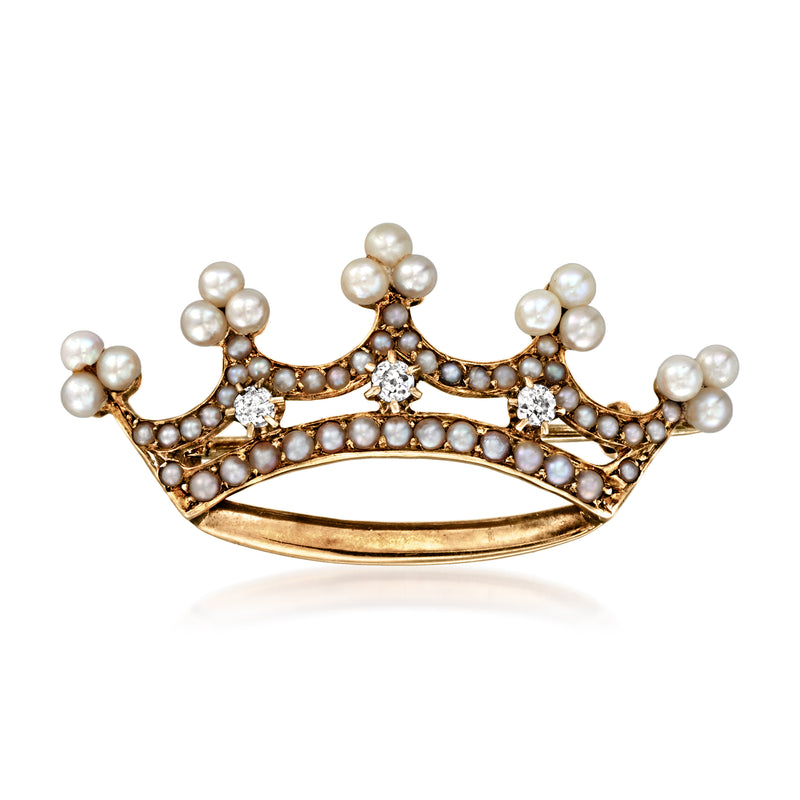 Vintage gold crown pin with cultured pearls, seed pearls and small diamonds