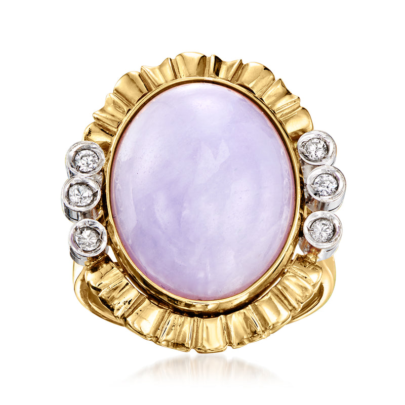 Lavender jade oval cabochon ring in 14kt yellow gold with round diamond accents