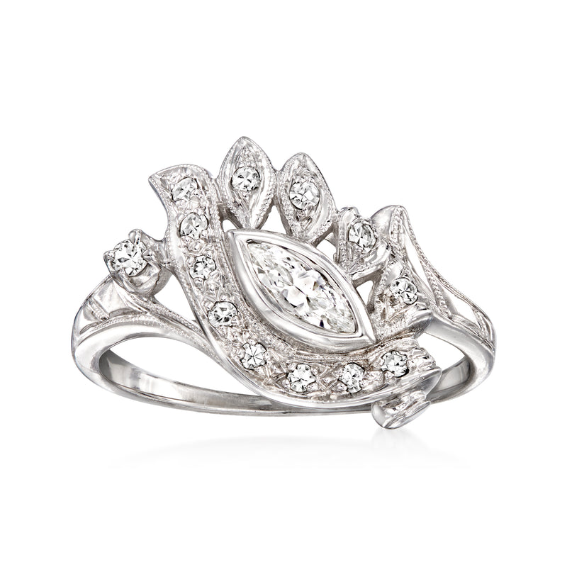 Vintage 14kt white gold diamond cluster ring with marquise center and round accents