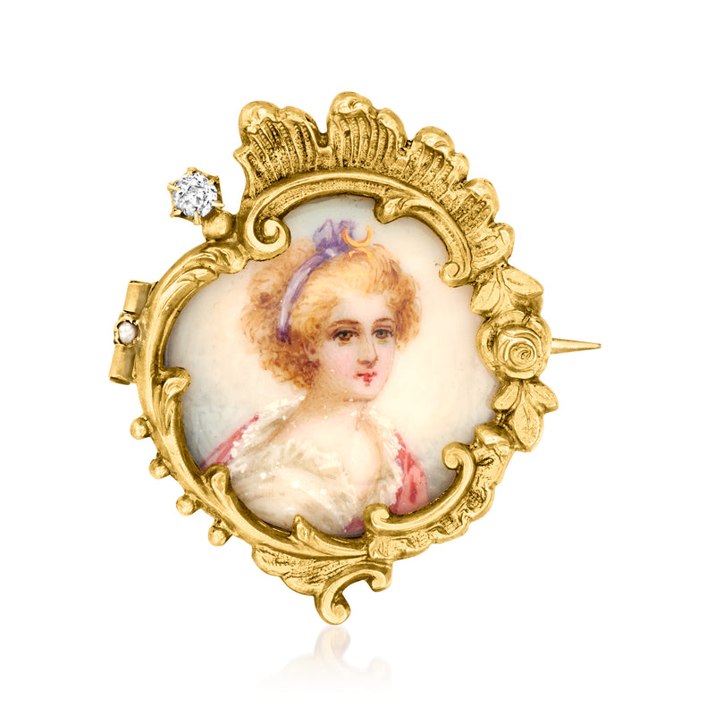 Oval vintage portrait pin in yellow gold with enamel, diamond and pearl accents