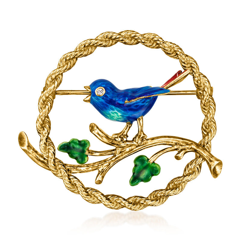 14kt yellow gold bird pin with blue enamel body, diamond eye and green accents