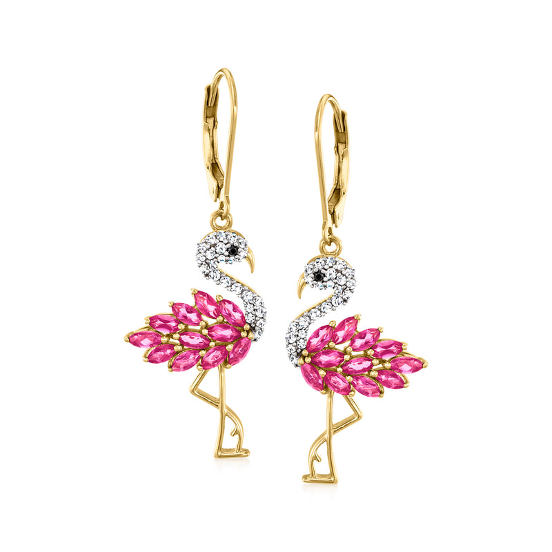 Flamingo drop earrings with pink topaz, white zircon and black spinel in gold