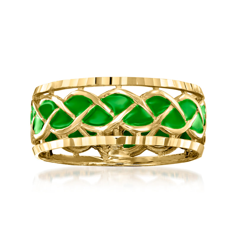 14kt yellow gold braided ring with green enamel heart-shaped links