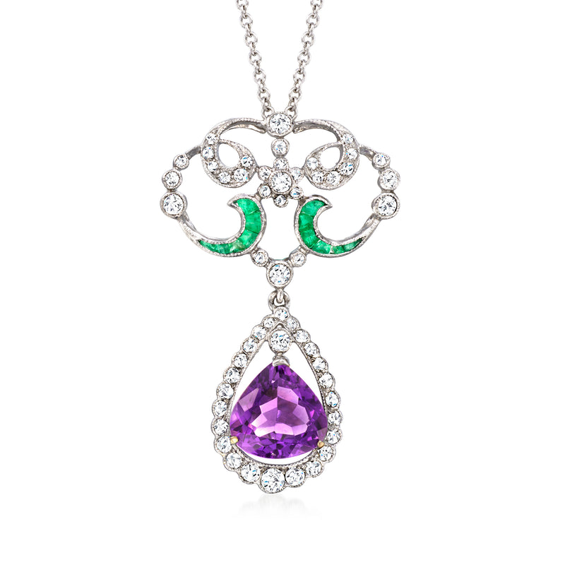 White gold drop pendant necklace with teardrop amethyst, diamond halo and green accents