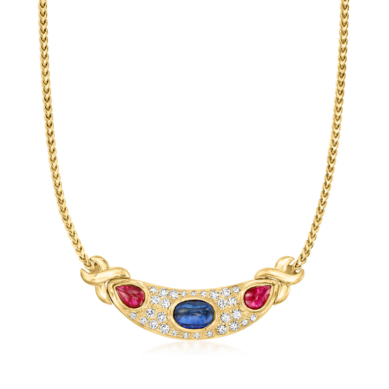 18kt yellow gold fancy-link necklace with oval blue sapphire, ruby accents, and diamonds