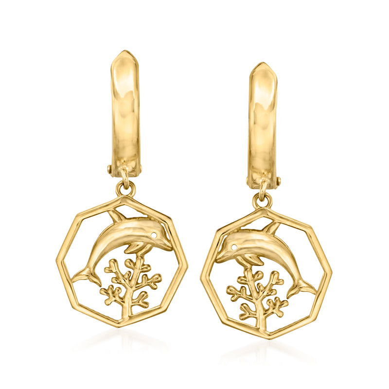 14kt yellow gold dolphin and coral drop earrings with octagon charm