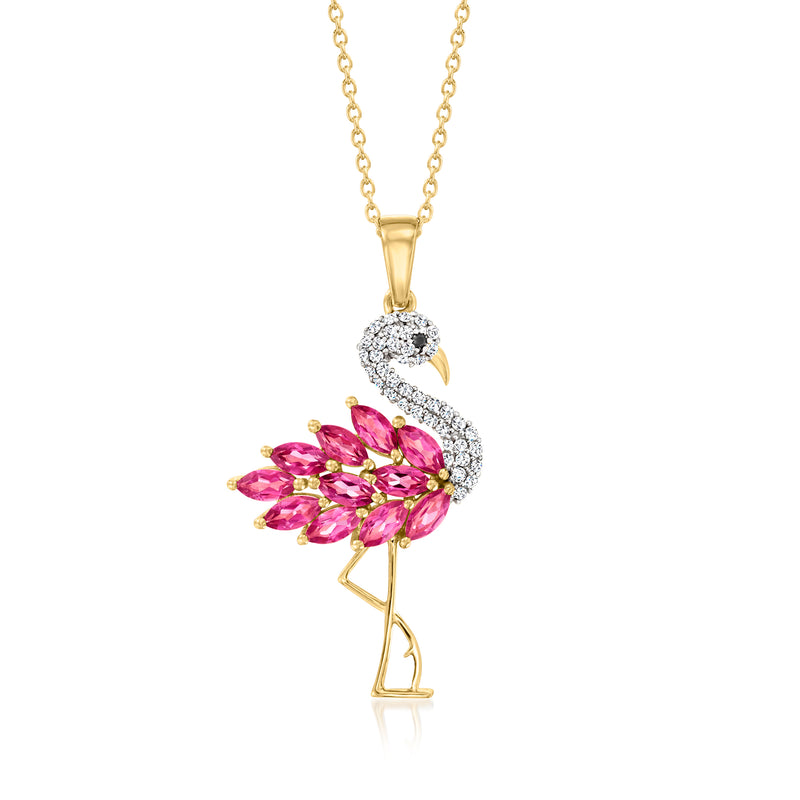 Gold flamingo pendant necklace with pink gemstone wings and white zircon accents