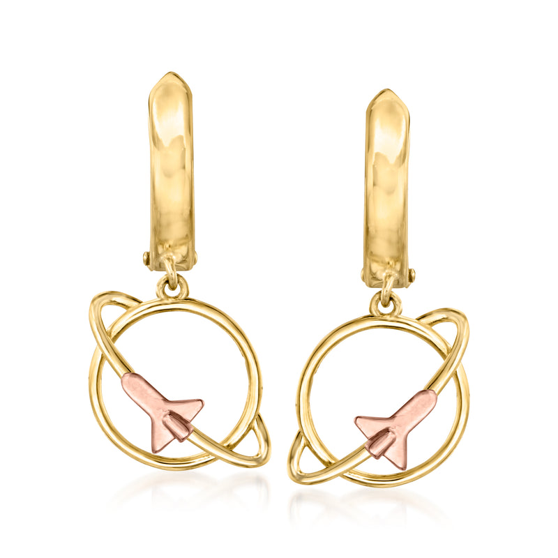 Two-tone gold hoop drop earrings with pink spaceship charm