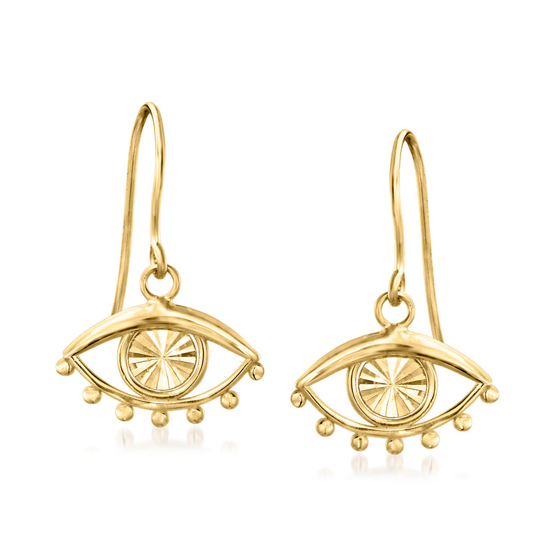 14kt yellow gold evil eye drop earrings with eye motif and bead halo, gold earwires