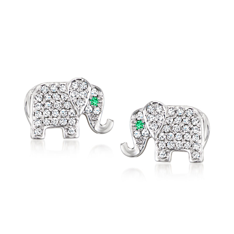 Sterling silver elephant stud earrings with diamond-like stones and green emerald accents