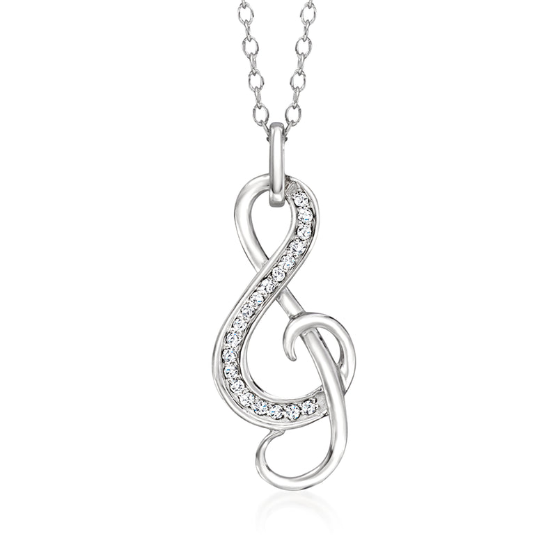 Sterling silver treble clef pendant necklace with diamond accents