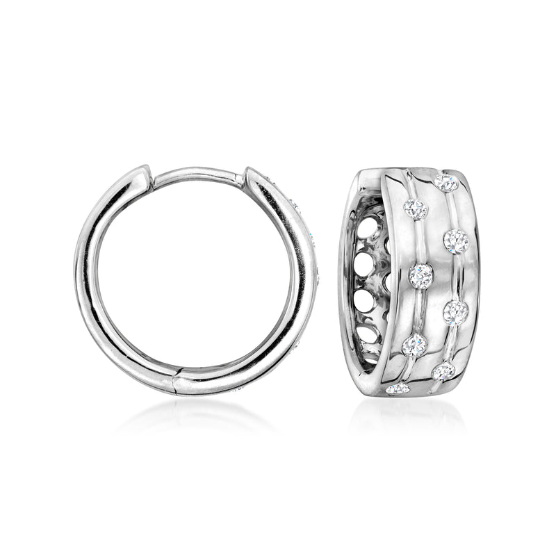Sterling silver hoop earrings with channel-set round diamonds in dotted pattern