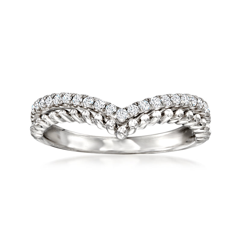 Sterling silver chevron ring with pave diamonds and beaded details, polished finish