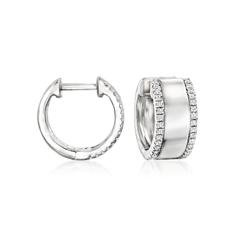 Sterling silver diamond-edge hoop earrings, front and side view