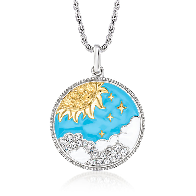 Two-tone sterling silver pendant with round blue starry-sky enamel and rhinestone border