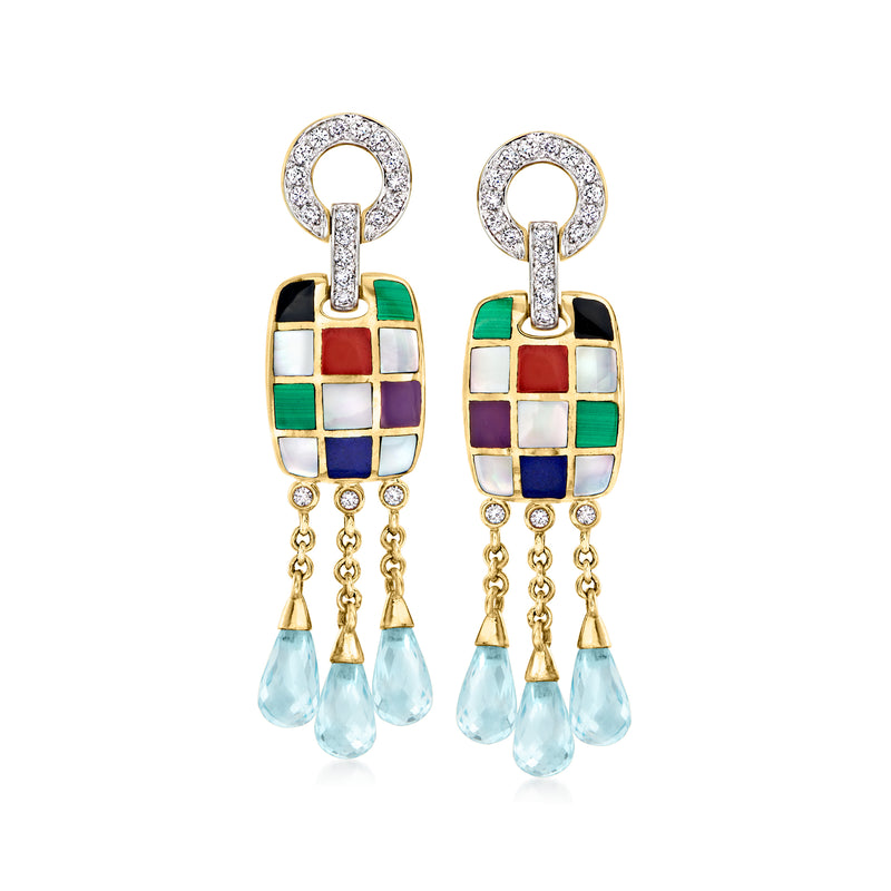 14kt yellow gold drop earrings, multicolor enamel squares, blue teardrop stones