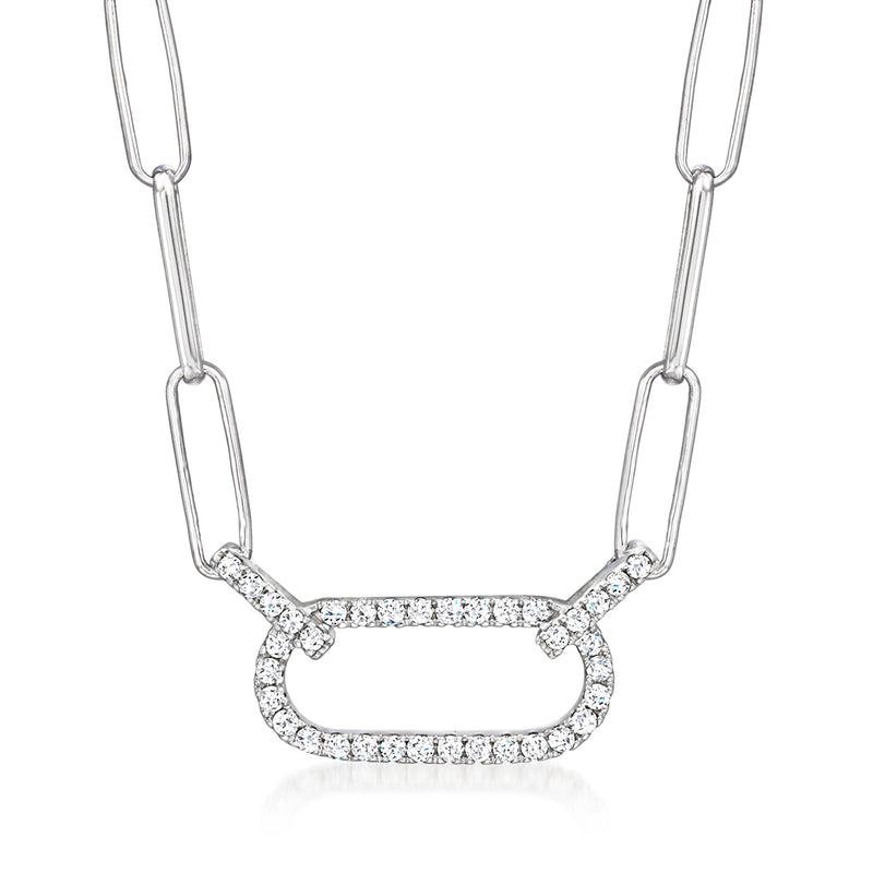 Sterling silver paper clip link necklace with diamond pavé oval pendant