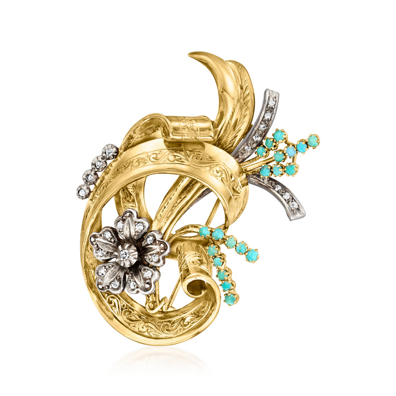 Vintage flower pin with turquoise bead accents, diamond-like stones, yellow gold and silver