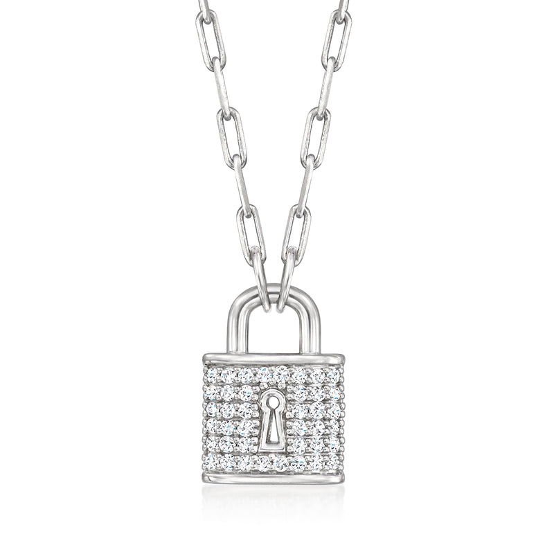 Sterling silver diamond padlock link necklace with keyhole pendant and chain links