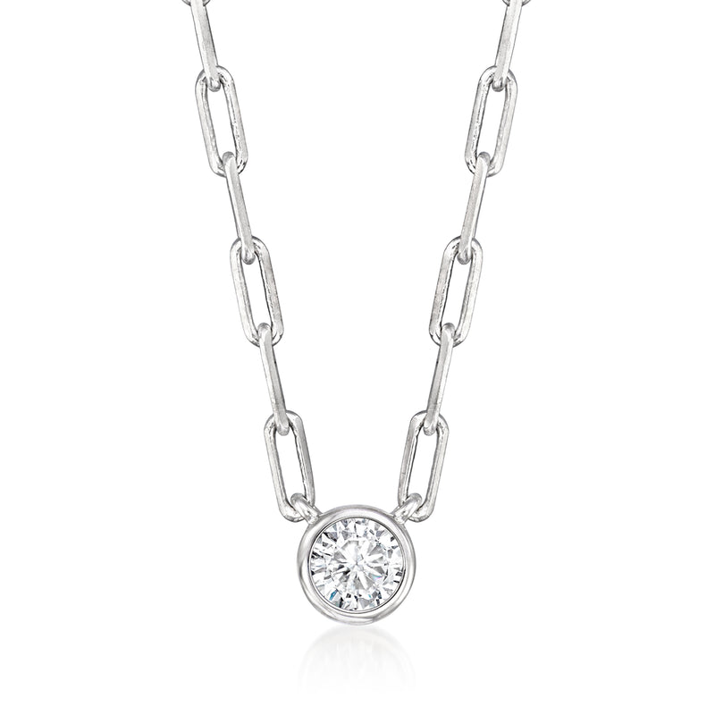 Sterling silver paper clip link necklace with round bezel-set diamond pendant