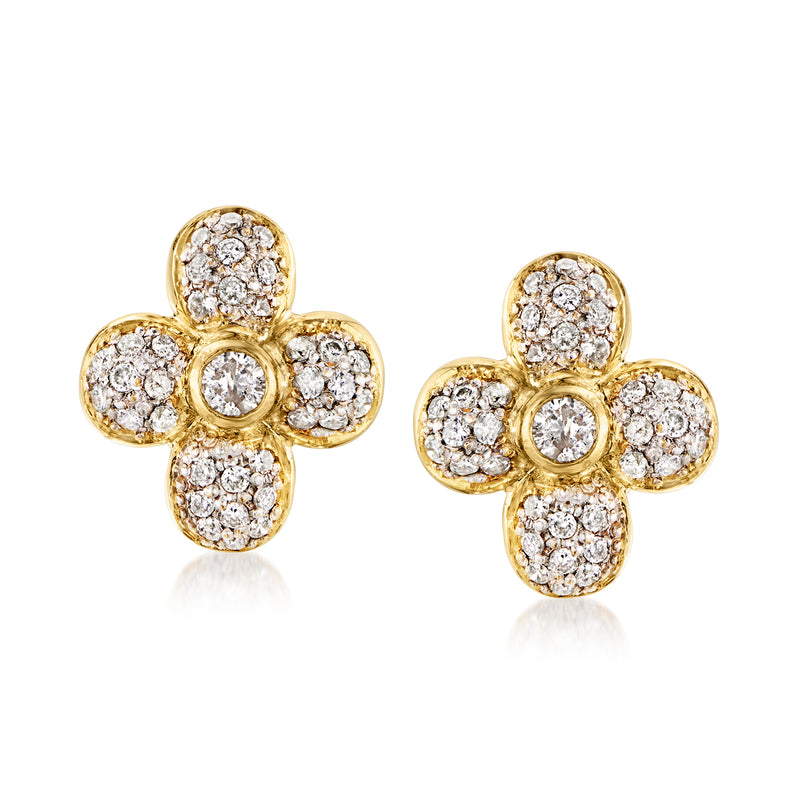 14kt yellow gold diamond flower stud earrings with round clustered stones