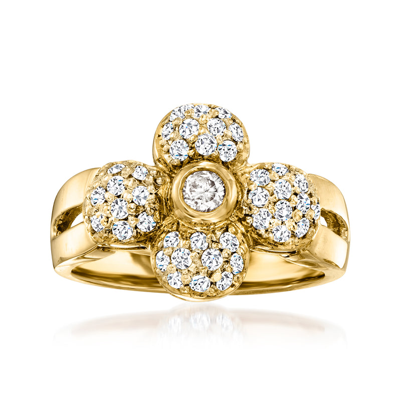 14kt yellow gold diamond flower ring with round center diamond and clustered petal stones