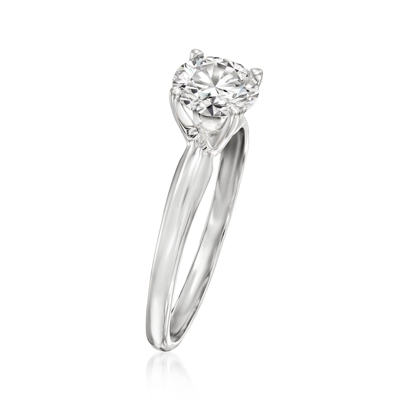 Platinum solitaire diamond ring shown from the side, round center stone