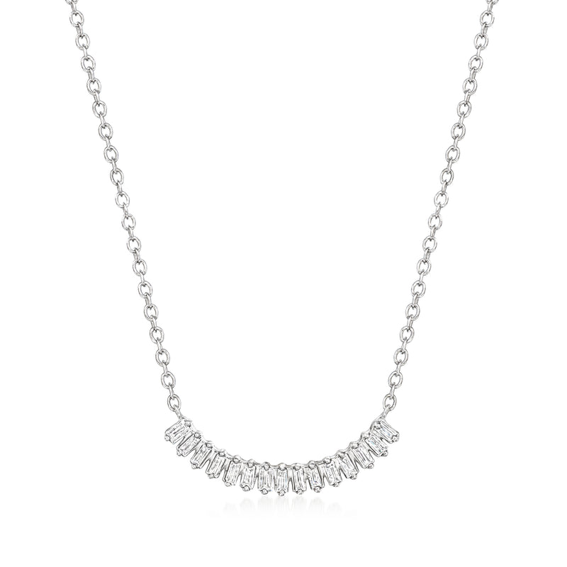 Sterling silver curved bar necklace with small round diamonds and linked chain