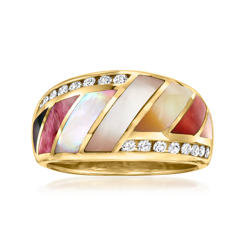 Yellow gold gemstone and diamond ring with multicolor inset stripes